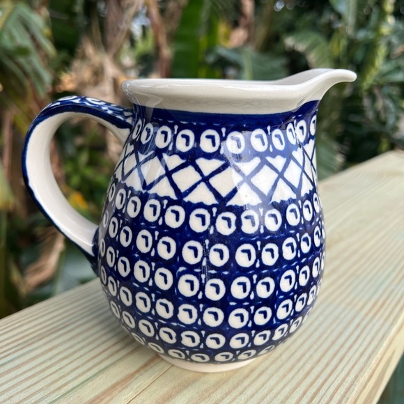 Handmade Polish Pottery Small Serving Pitcher - Bolesławiec, Blue Pattern, 5” - Picture 2 of 10